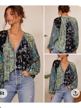 Free People Mixed Paisley Patchwork V-Neck Blouse - Green/Black